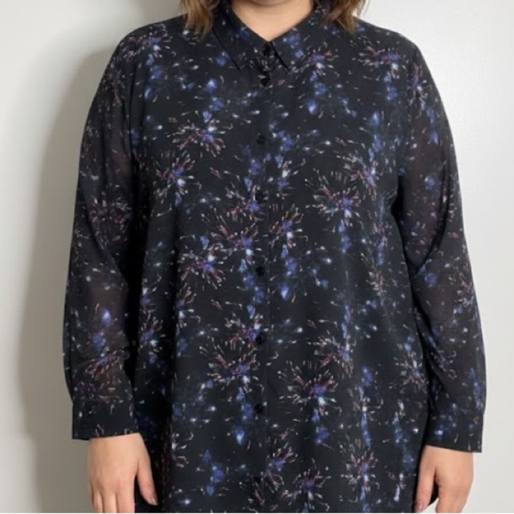 Ulla Popken Women’s Fireworks Print‎ Flowy Button Up Blouse Black Size 24/26